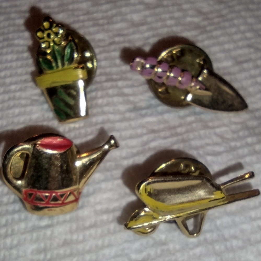Lot of 4 gold and enamel gardening pin set